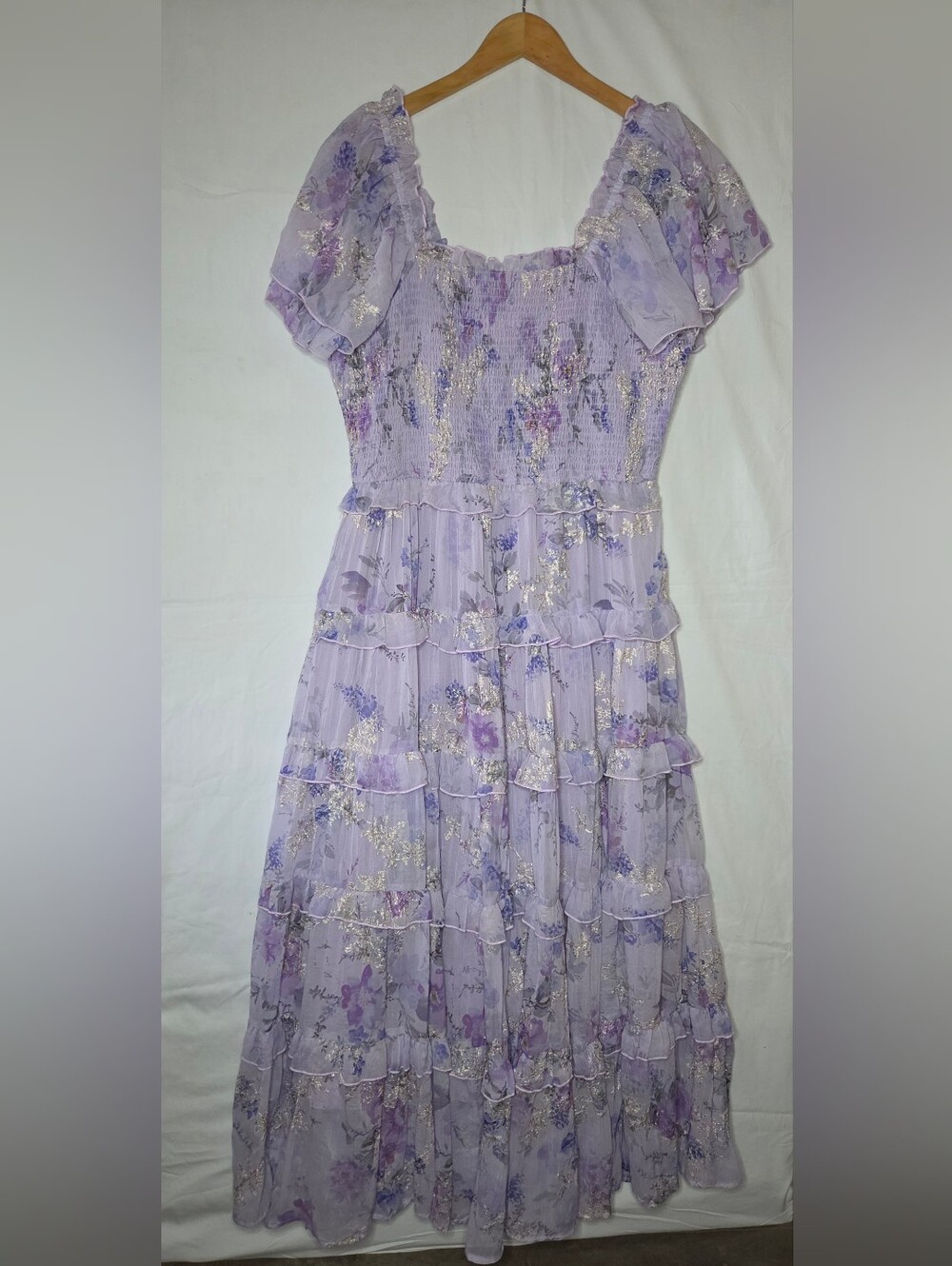 Lavender Floral Tiered Maxi Dress with Metallic Accents